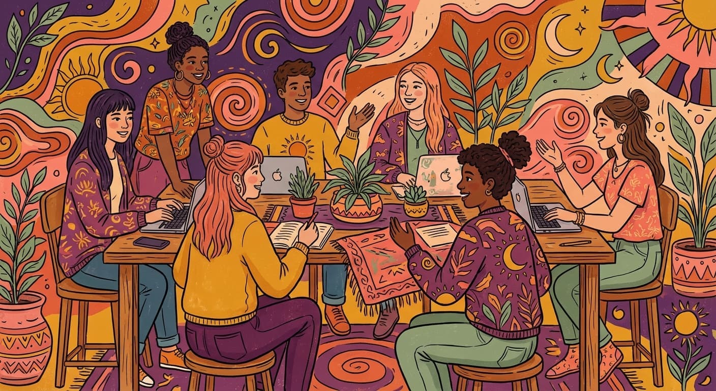 Students collaborating at a table with laptops